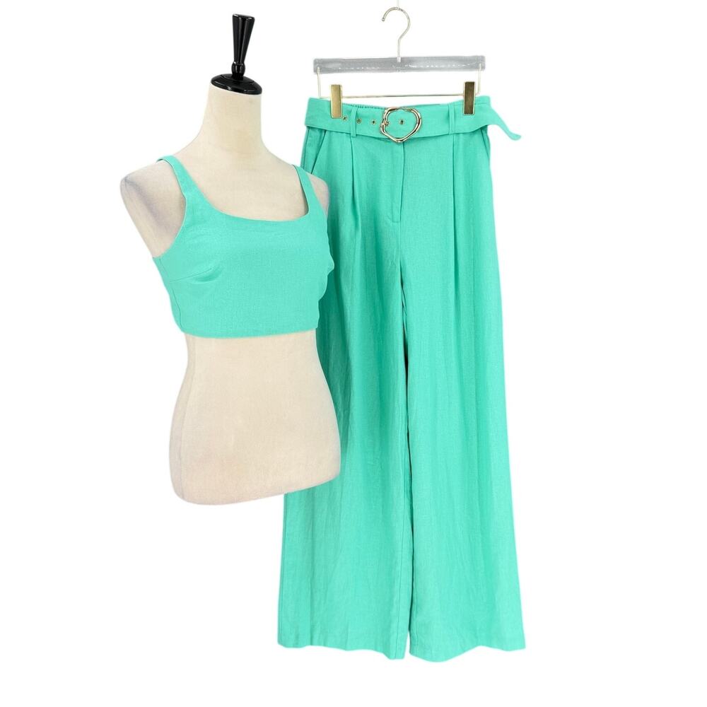 House of Harlow NEW Bright Mint Green Linen Blend Boho Resort Wear Crop Pant Set